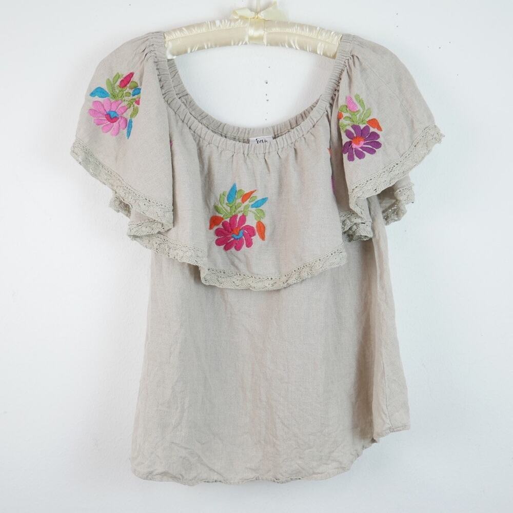 Ivy Jane Linen Top Small Floral Embroidered Lace Boho Peasant Resort Vacation